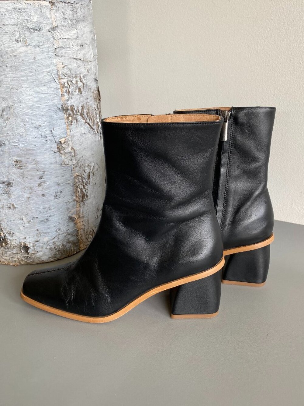 Mus & Bombon Black Leather Square Toe Ankle Boots Block Heel Sz 8 Narrow